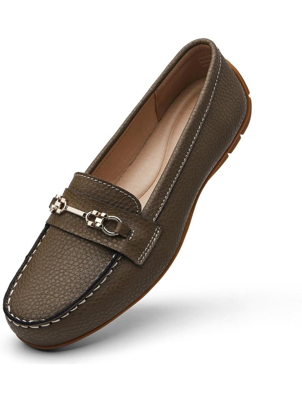 Women's Khaki Comfortable & Lightweight Leather Loafers Slip-On Flats Shoes